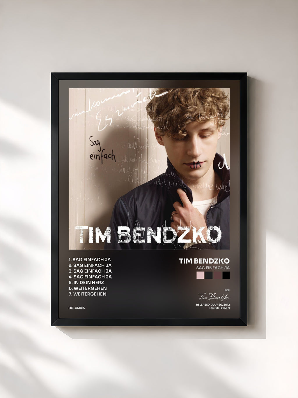 #noir Tableau de l'album Sag einfach ja de Tim Bendzko, cadre noir, imprimé et encadré en France