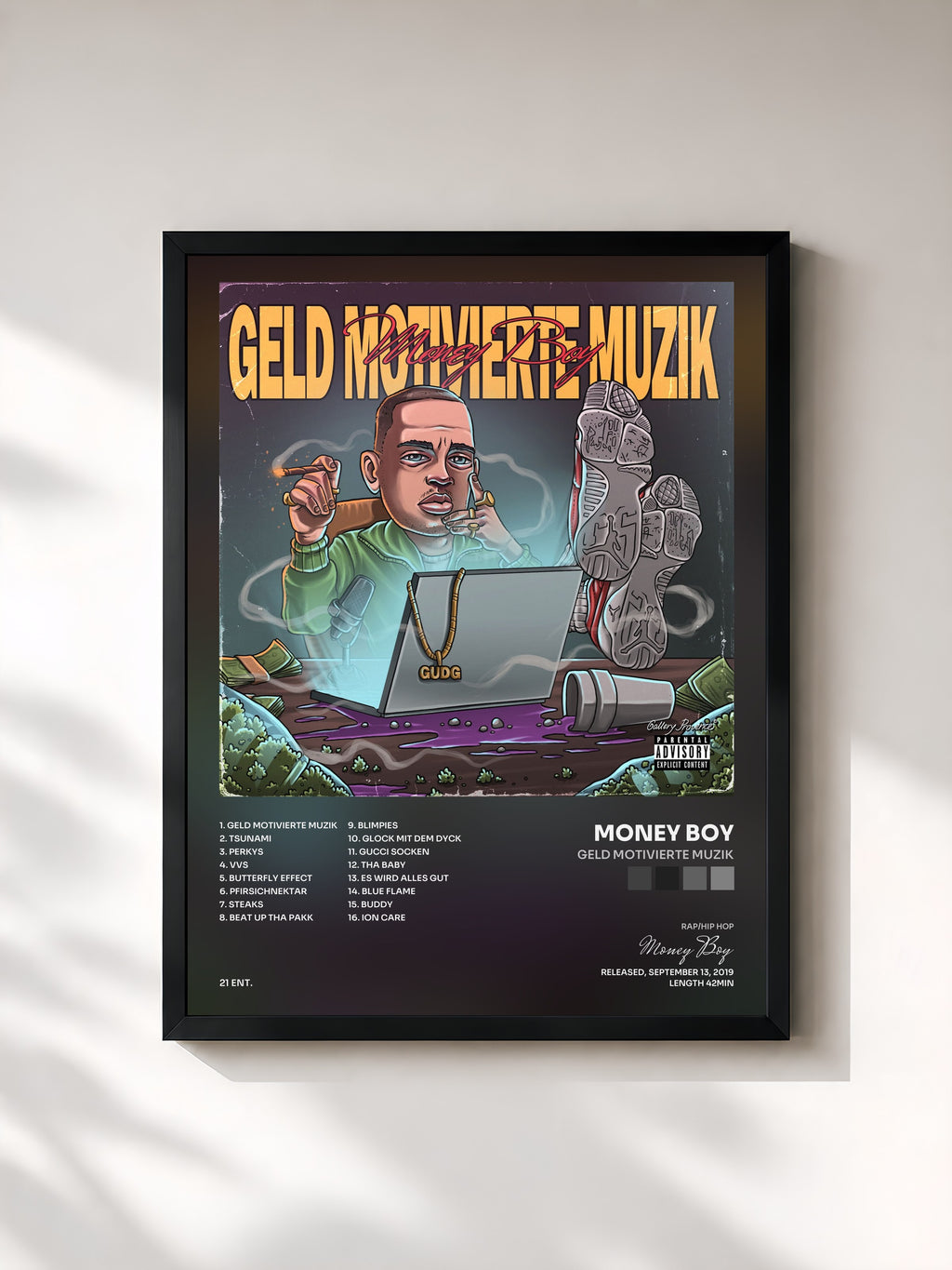 #noir Tableau de l'album Geld Motivierte Muzik de Money Boy, cadre noir, imprimé et encadré en France