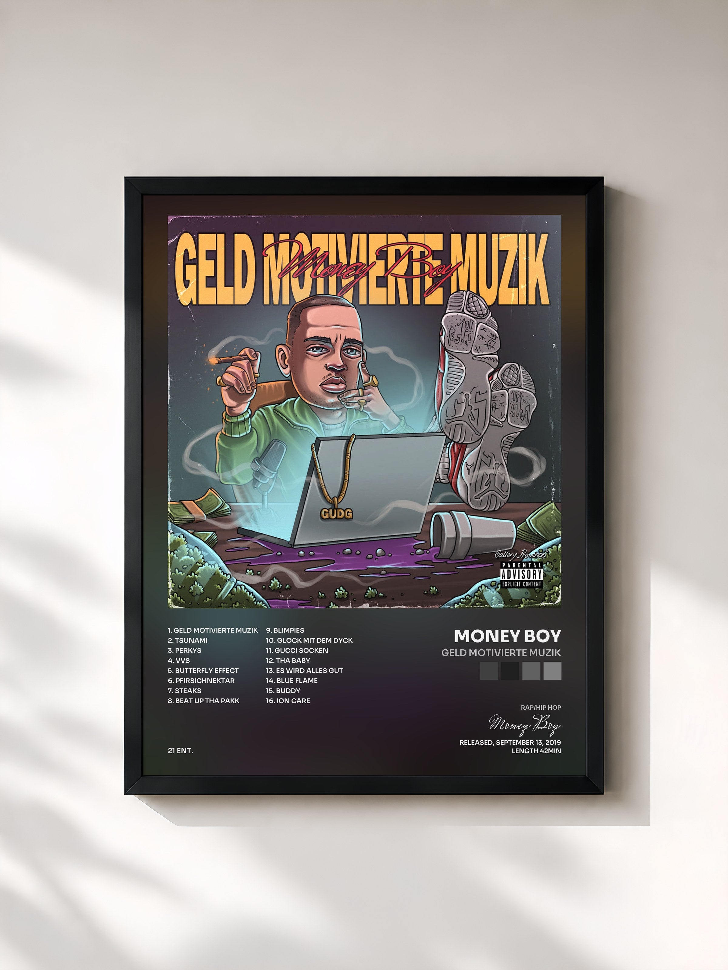 #noir Tableau de l'album Geld Motivierte Muzik de Money Boy, cadre noir, imprimé et encadré en France