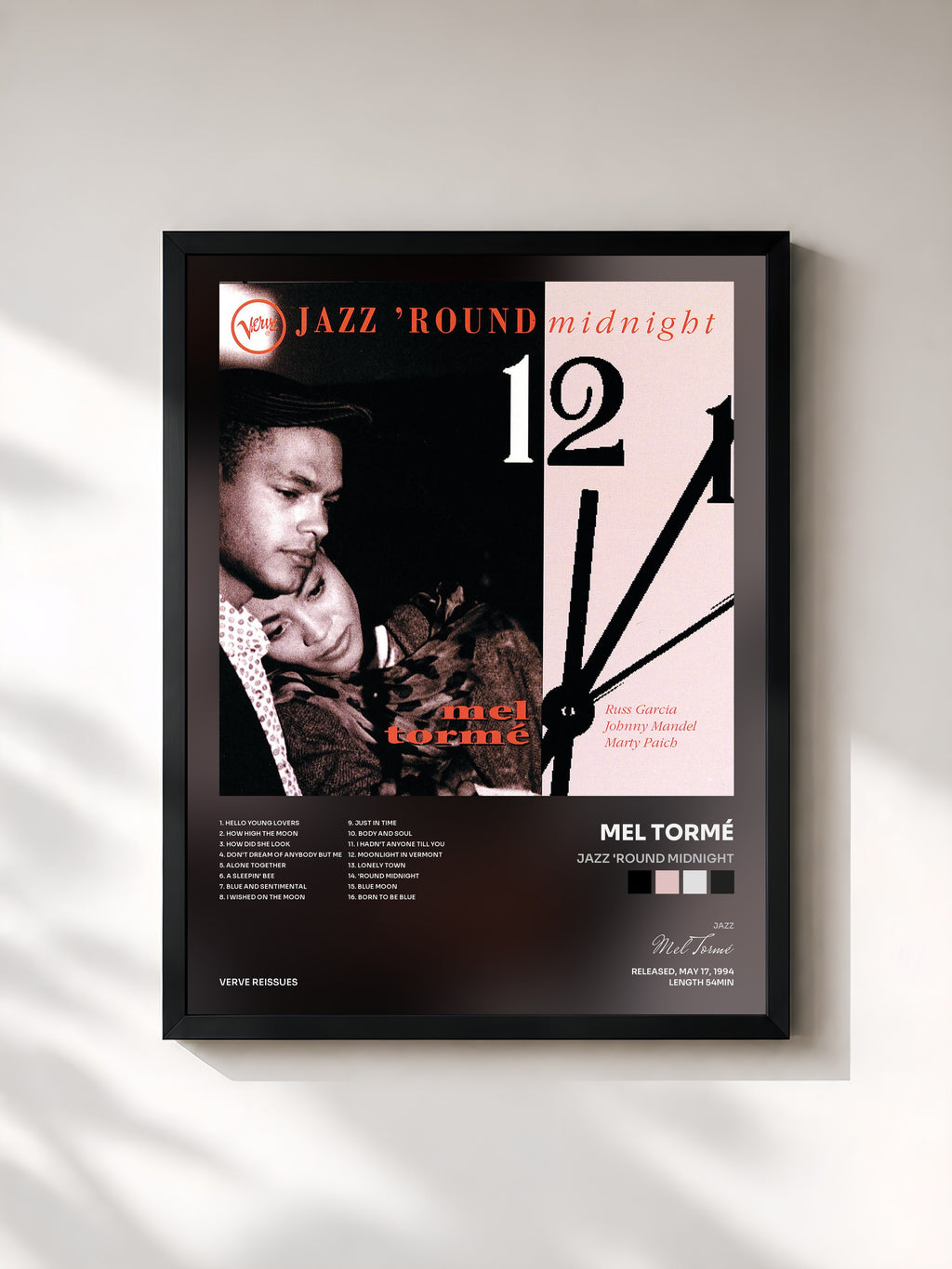 #noir Tableau de l'album Jazz 'Round Midnight de Mel Tormé, cadre noir, imprimé et encadré en France