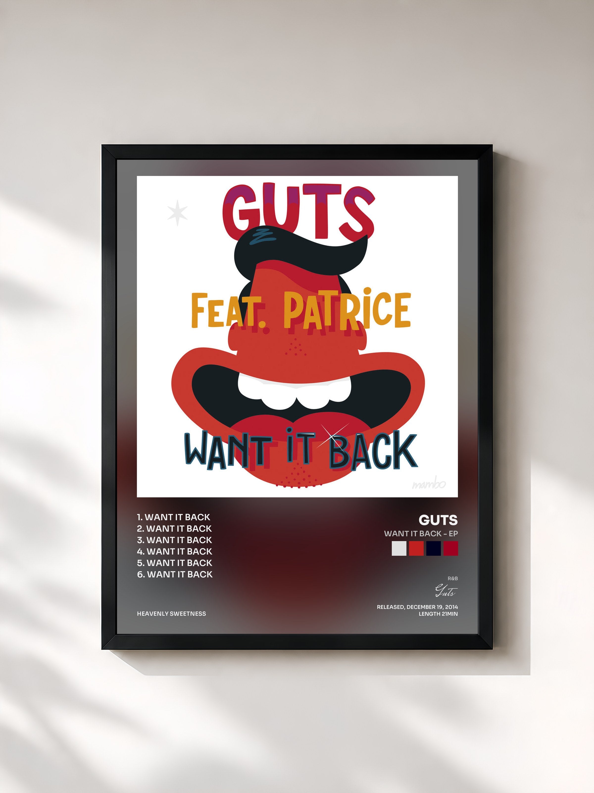 #noir Tableau de l'album Want It Back - EP de Guts, cadre noir, imprimé et encadré en France