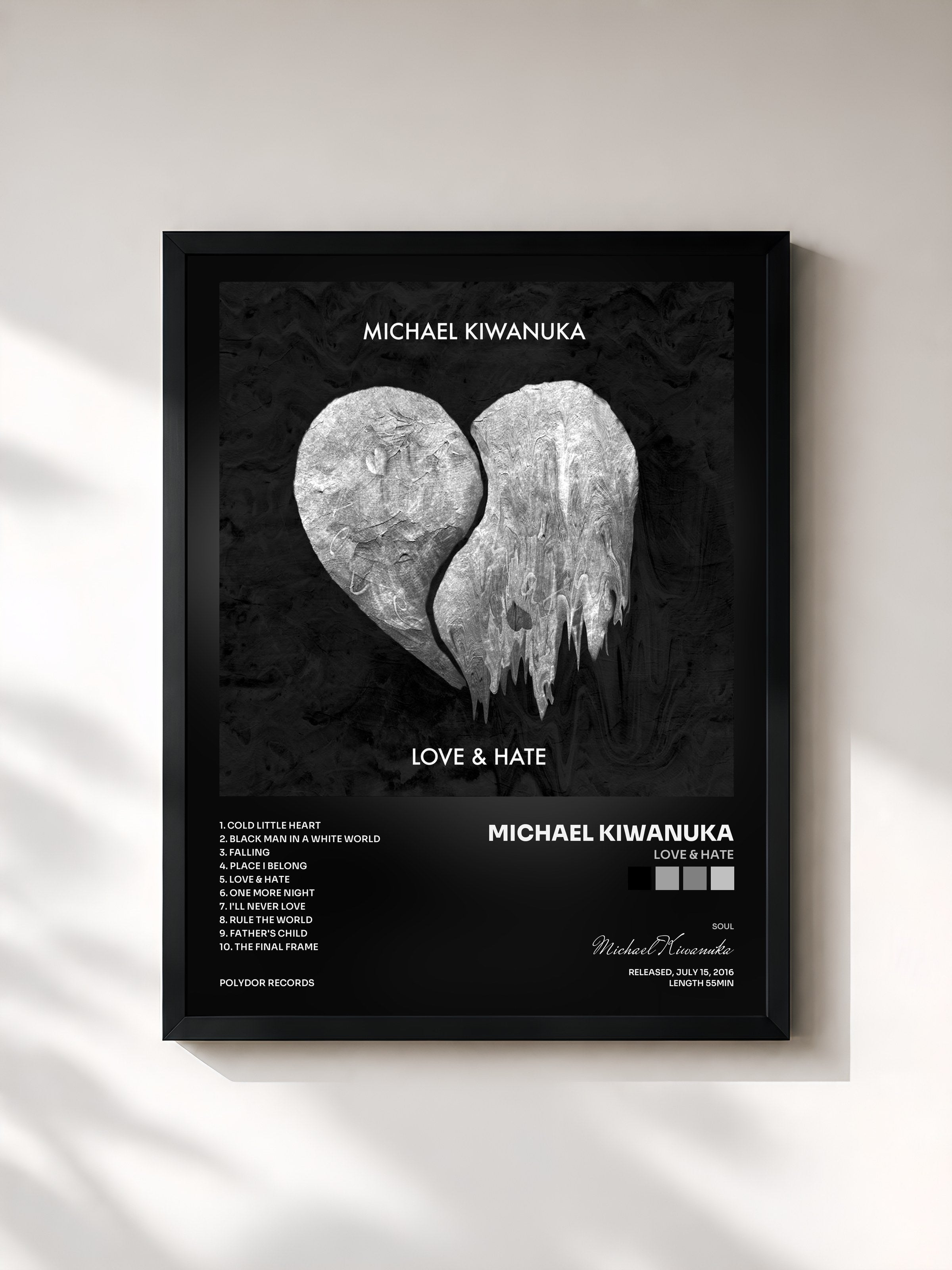 #noir Tableau de l'album Love & Hate de Michael Kiwanuka, cadre noir, imprimé et encadré en France