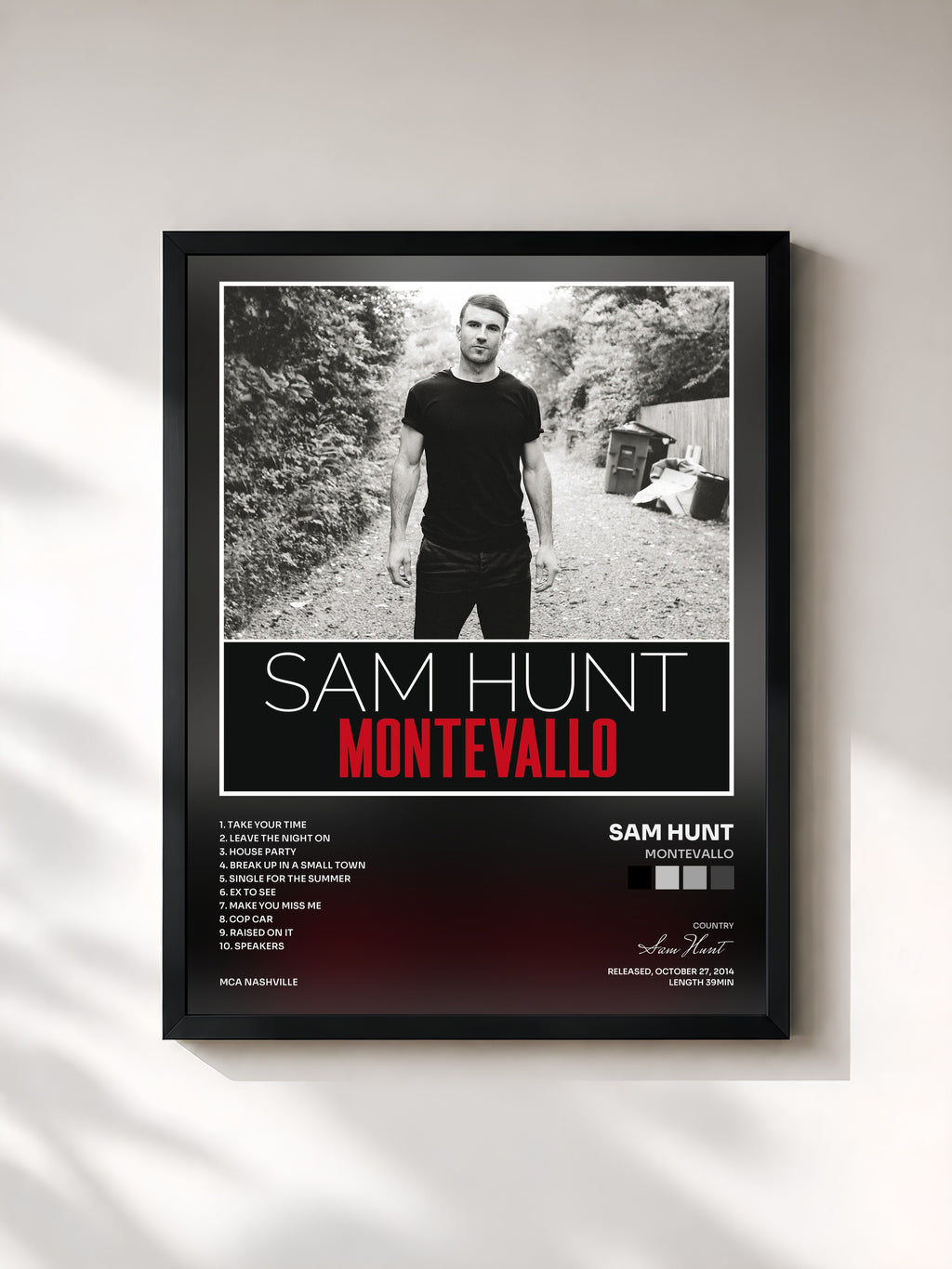 #noir Tableau de l'album Montevallo de Sam Hunt, cadre noir, imprimé et encadré en France