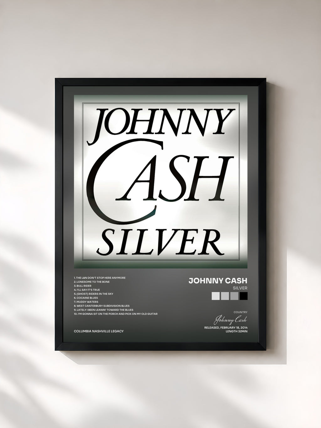 #noir Tableau de l'album Silver de Johnny Cash, cadre noir, imprimé et encadré en France