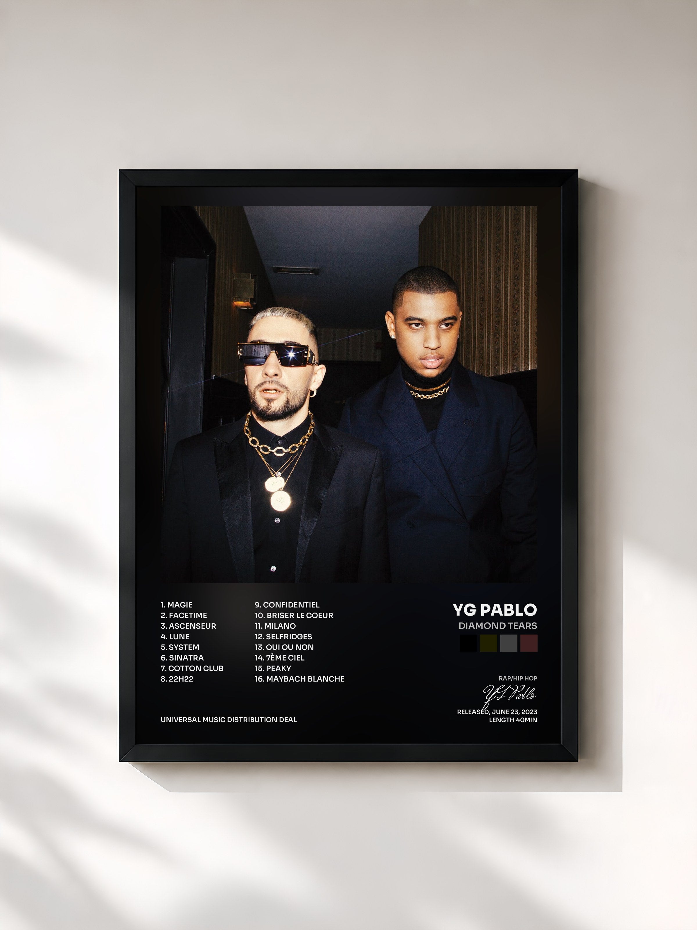 #noir Tableau de l'album DIAMOND TEARS de YG Pablo, cadre noir, imprimé et encadré en France