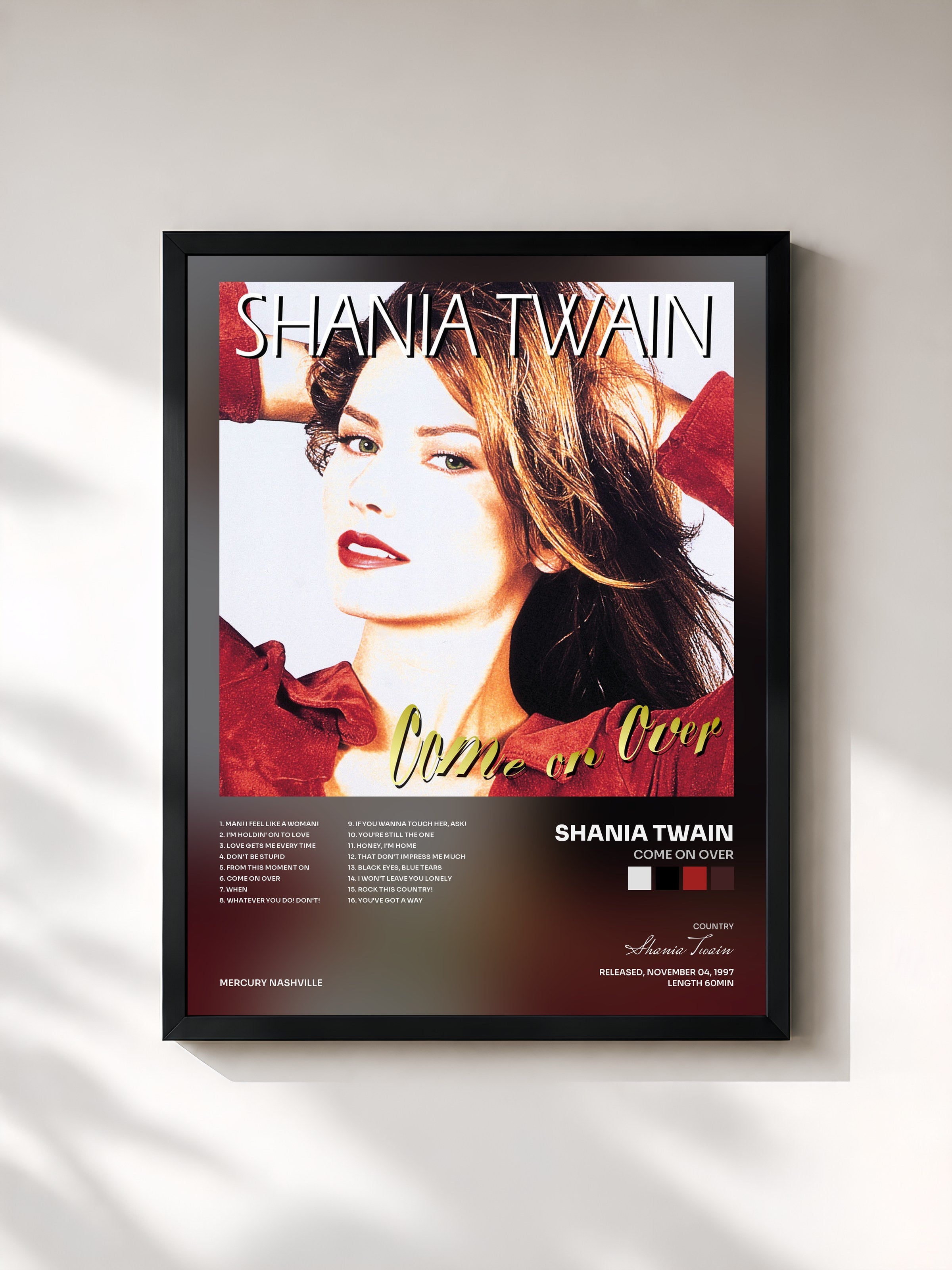 #noir Tableau de l'album Come On Over de Shania Twain, cadre noir, imprimé et encadré en France
