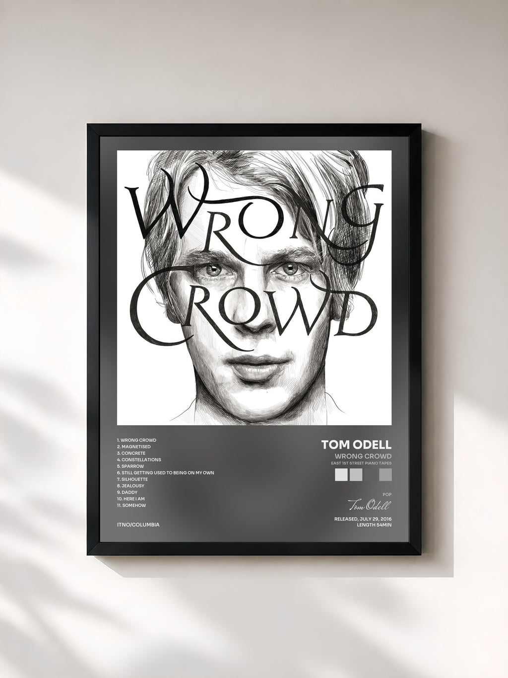 #noir Tableau de l'album Wrong Crowd (East 1st Street Piano Tapes) de Tom Odell, cadre noir, imprimé et encadré en France
