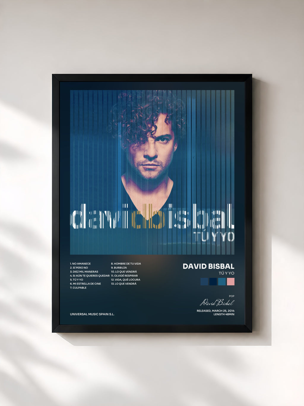 #noir Tableau de l'album Tú Y Yo de David Bisbal, cadre noir, imprimé et encadré en France