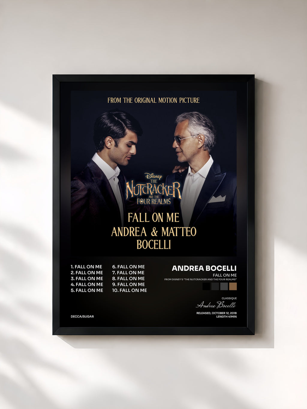 #noir Tableau de l'album Fall On Me (From Disney's "The Nutcracker And The Four Realms") de Andrea Bocelli, cadre noir, imprimé et encadré en France