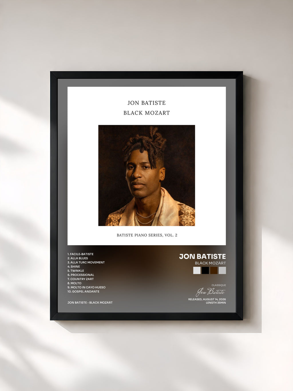 #noir Tableau de l'album Black Mozart de Jon Batiste, cadre noir, imprimé et encadré en France