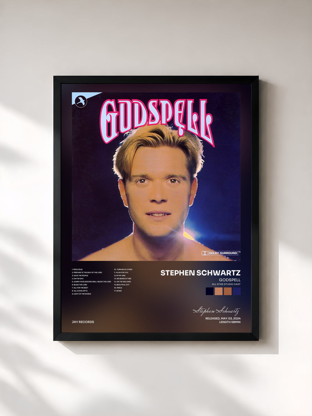 #noir Tableau de l'album Godspell (All Star Studio Cast) de Stephen Schwartz, cadre noir, imprimé et encadré en France