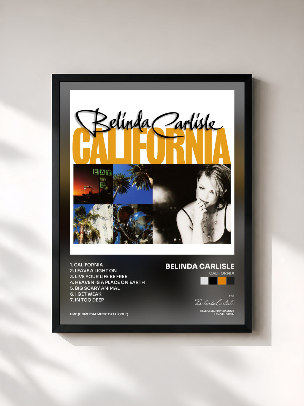 #noir Tableau de l'album California de Belinda Carlisle, cadre noir, imprimé et encadré en France