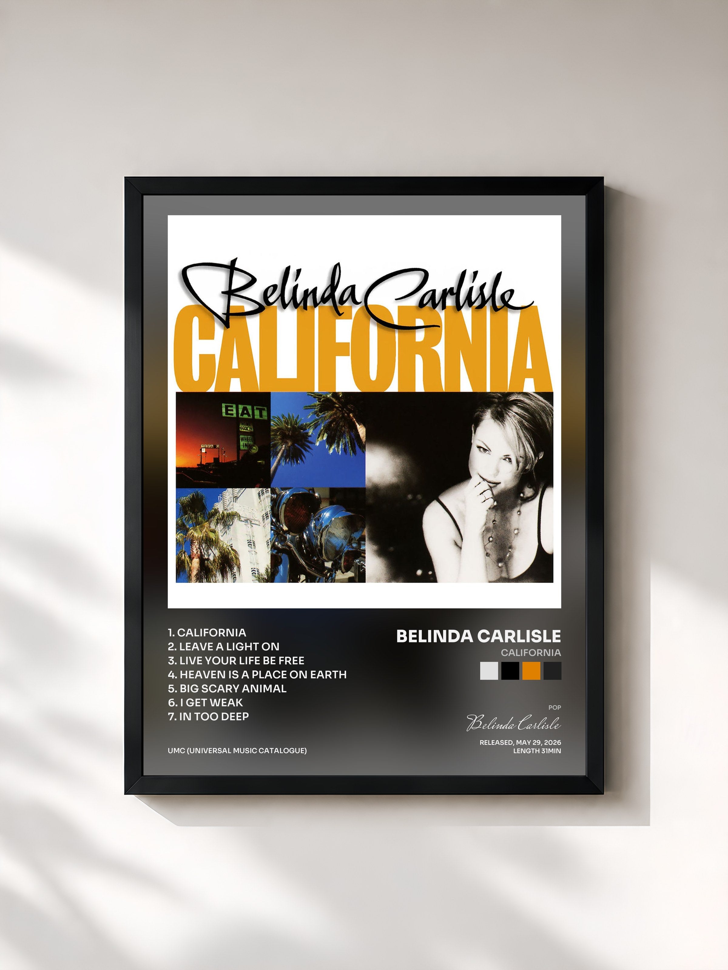 #noir Tableau de l'album California de Belinda Carlisle, cadre noir, imprimé et encadré en France