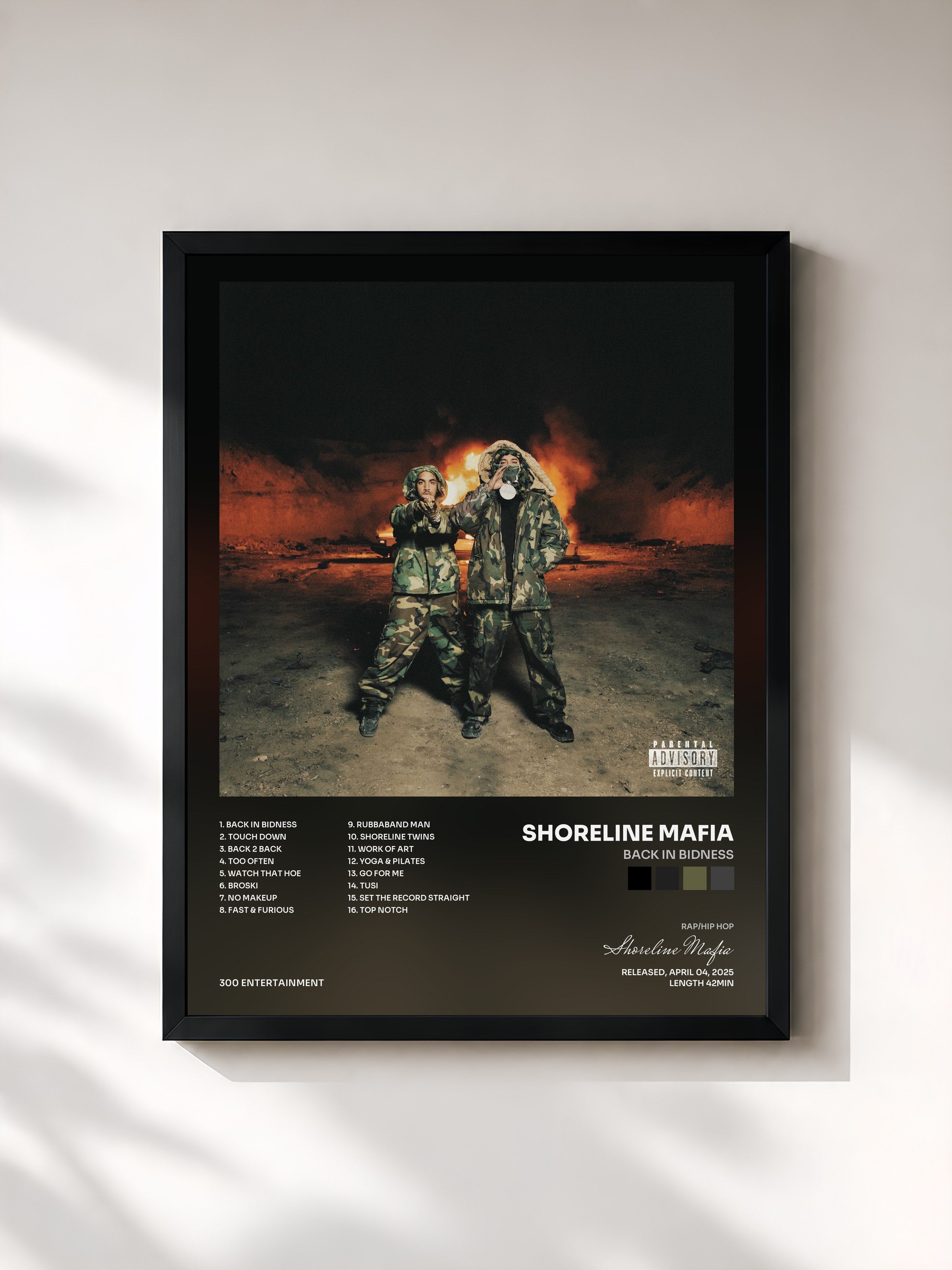 #noir Tableau de l'album Back In Bidness de Shoreline Mafia, cadre noir, imprimé et encadré en France