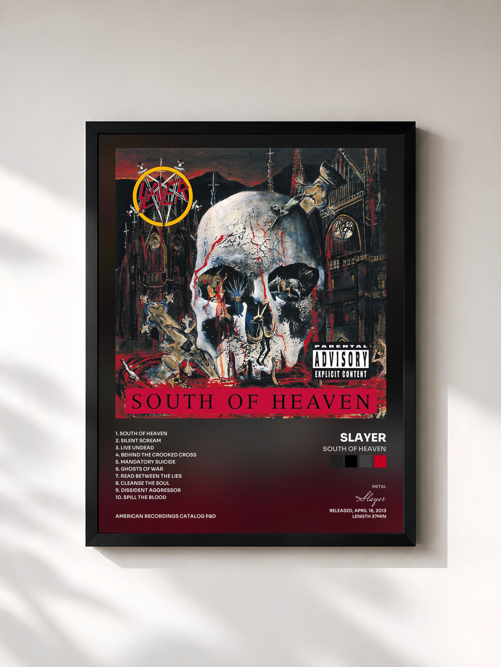 #noir Tableau de l'album South Of Heaven de Slayer, cadre noir, imprimé et encadré en France