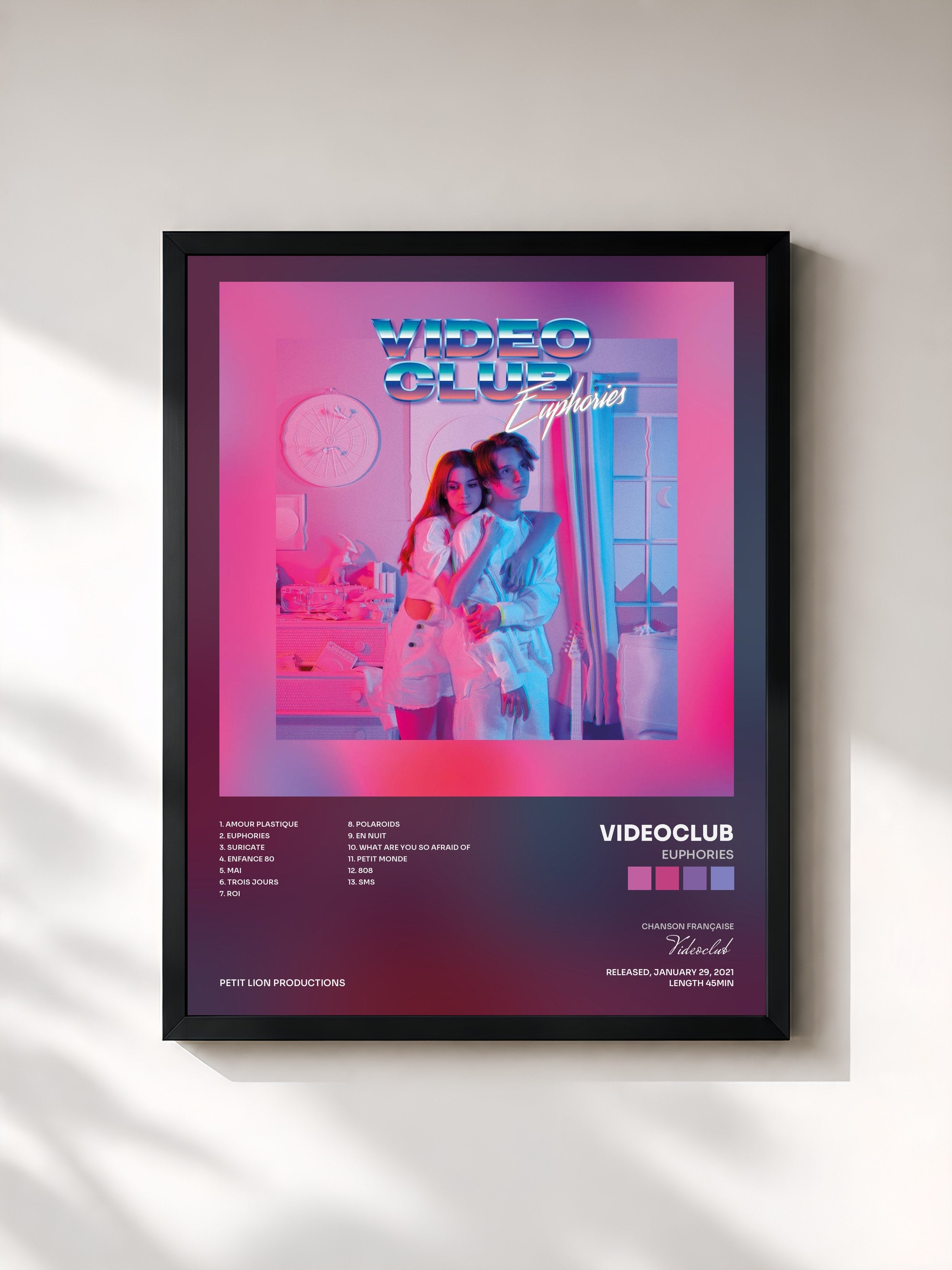 #noir Tableau de l'album Euphories de Videoclub, cadre noir, imprimé et encadré en France