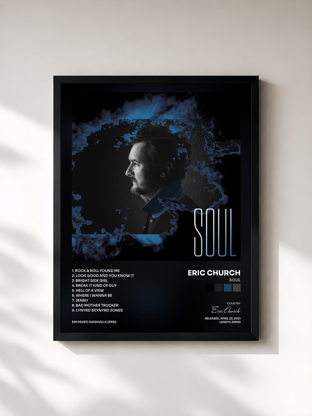 #noir Tableau de l'album Soul de Eric Church, cadre noir, imprimé et encadré en France