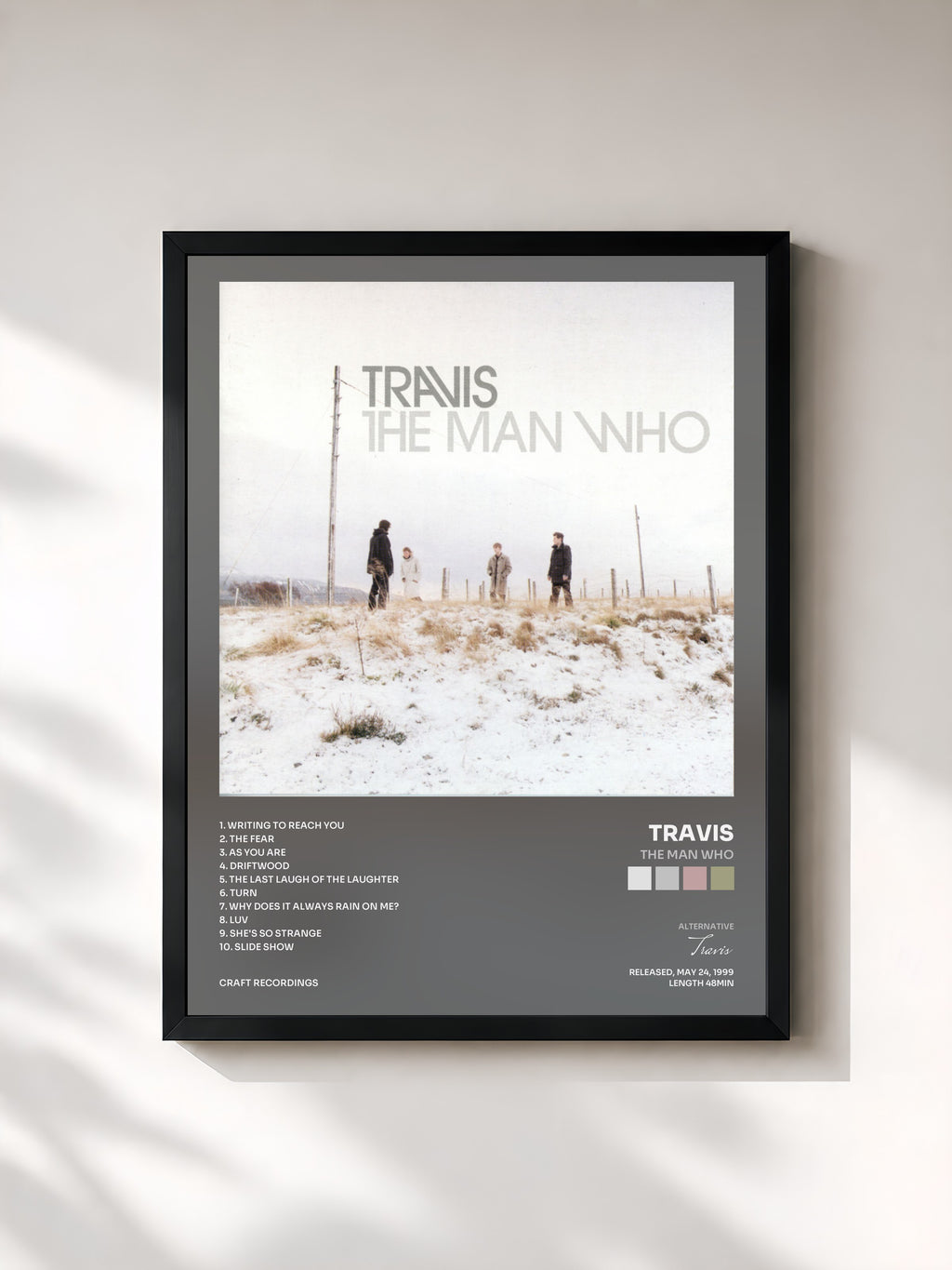 #noir Tableau de l'album The Man Who de Travis, cadre noir, imprimé et encadré en France
