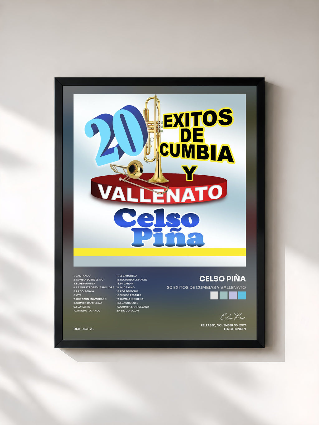 #noir Tableau de l'album 20 Exitos De Cumbias Y Vallenato de Celso Piña, cadre noir, imprimé et encadré en France