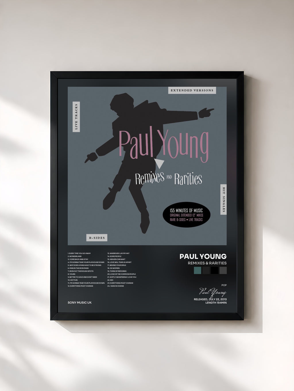 #noir Tableau de l'album Remixes & Rarities de Paul Young, cadre noir, imprimé et encadré en France