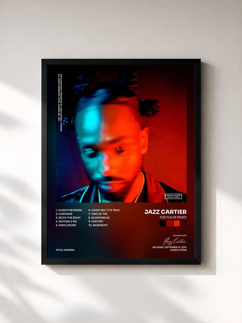 #noir Tableau de l'album The Fleur Print de Jazz Cartier, cadre noir, imprimé et encadré en France