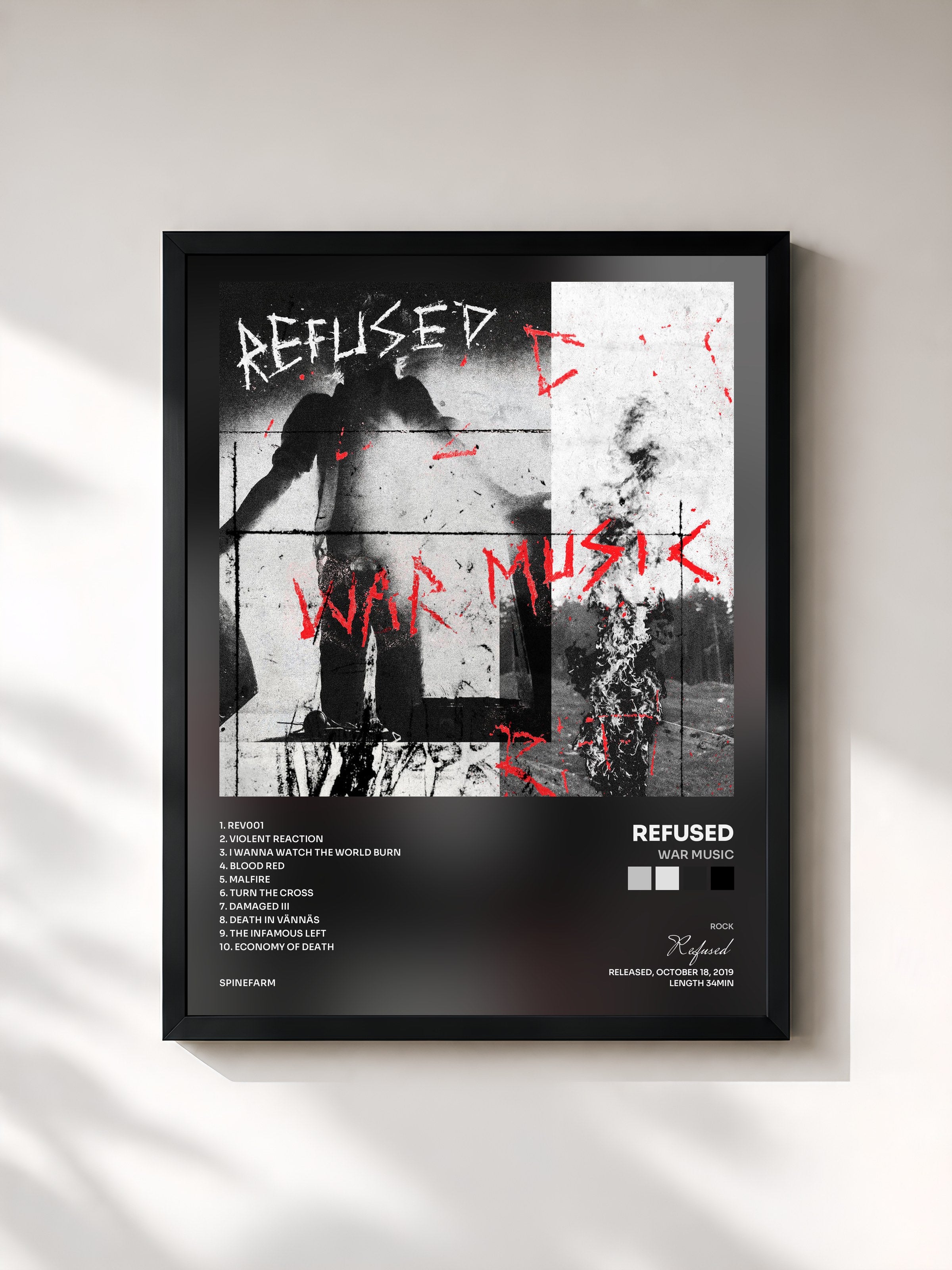 #noir Tableau de l'album War Music de Refused, cadre noir, imprimé et encadré en France
