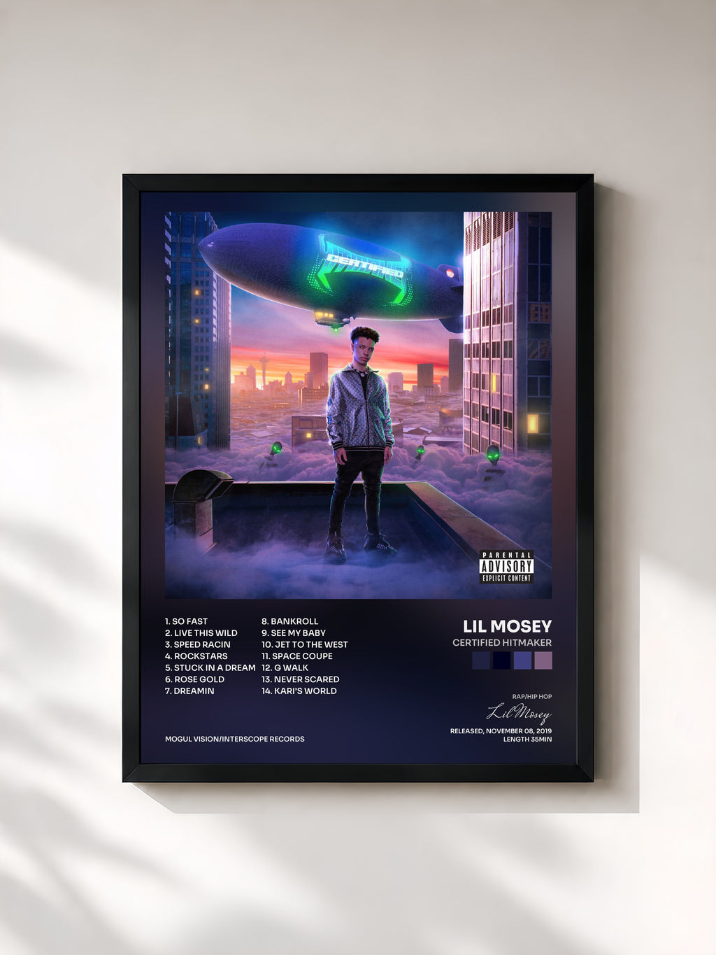 #noir Tableau de l'album Certified Hitmaker de Lil Mosey, cadre noir, imprimé et encadré en France