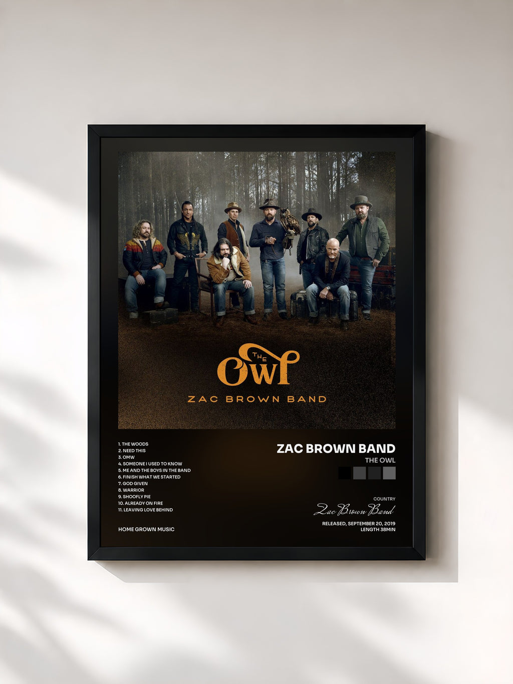 #noir Tableau de l'album The Owl de Zac Brown Band, cadre noir, imprimé et encadré en France