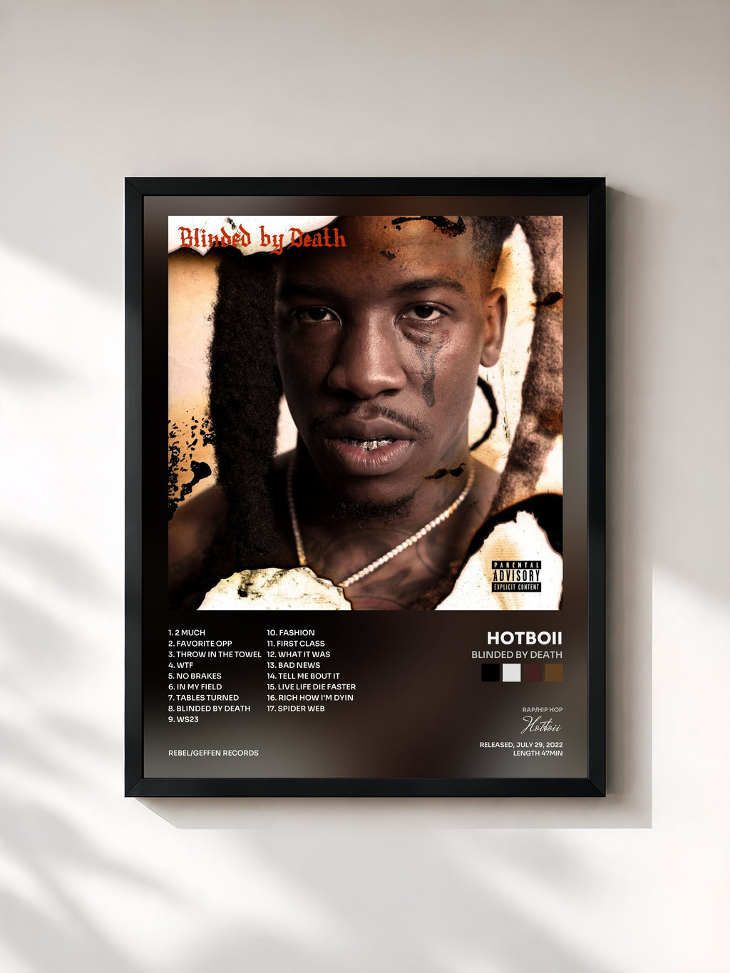 #noir Tableau de l'album Blinded By Death de Hotboii, cadre noir, imprimé et encadré en France