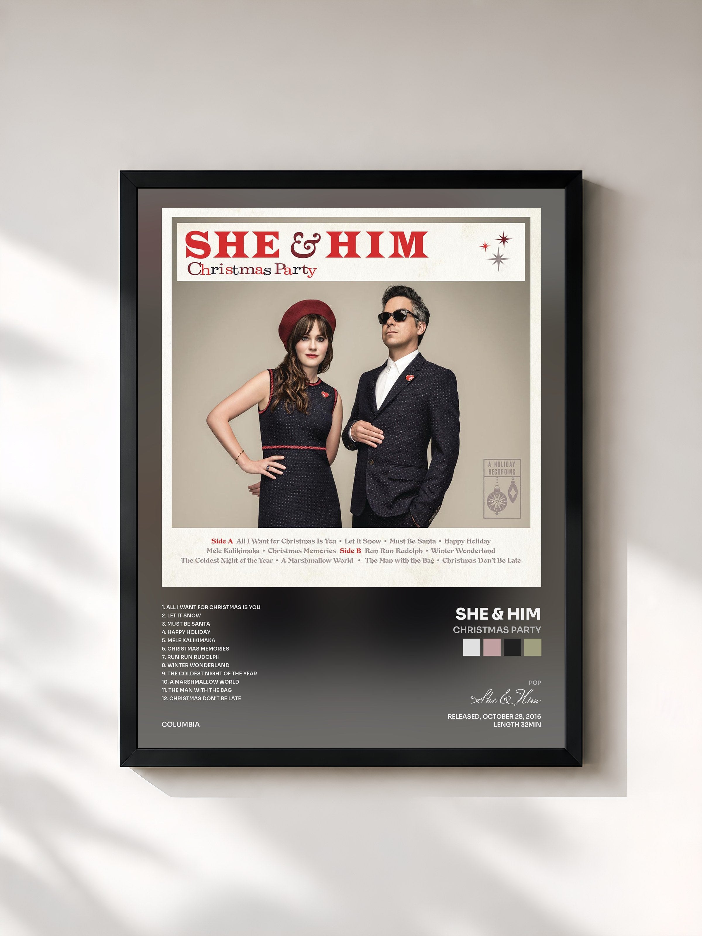 #noir Tableau de l'album Christmas Party de She & Him, cadre noir, imprimé et encadré en France