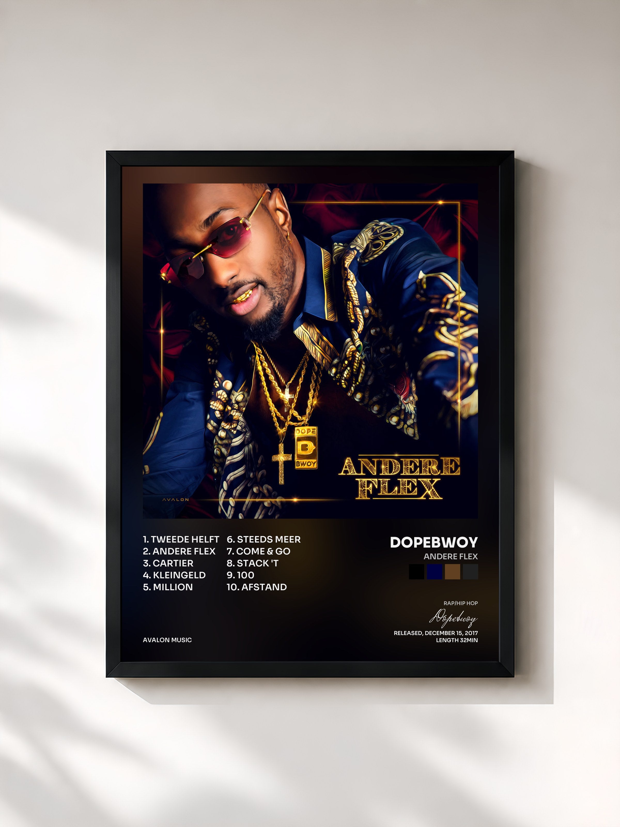 #noir Tableau de l'album Andere Flex de Dopebwoy, cadre noir, imprimé et encadré en France