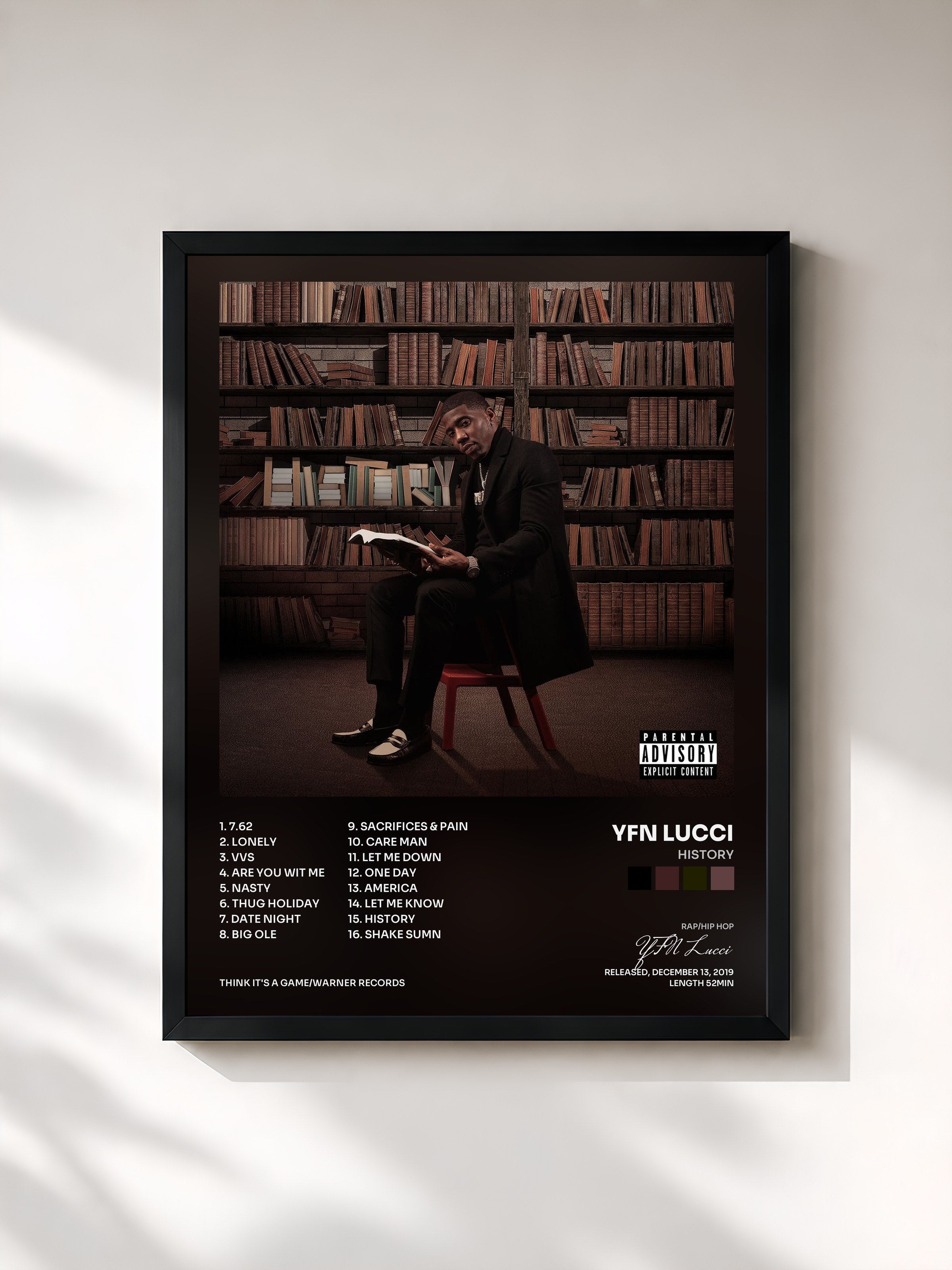 #noir Tableau de l'album HIStory de YFN Lucci, cadre noir, imprimé et encadré en France