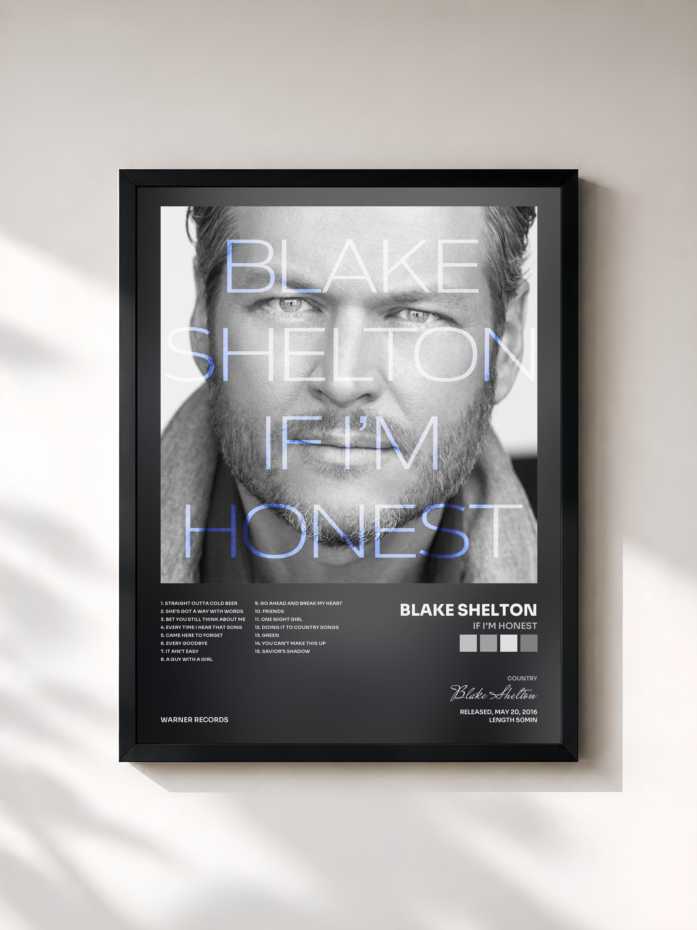 #noir Tableau de l'album If I'm Honest de Blake Shelton, cadre noir, imprimé et encadré en France