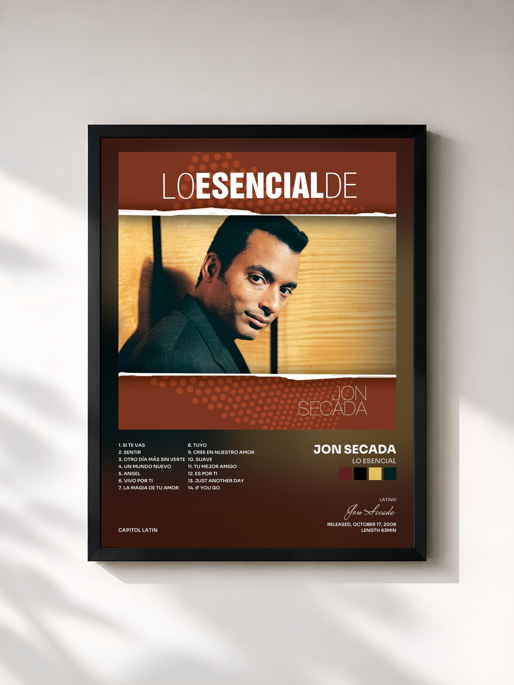 #noir Tableau de l'album Lo Esencial de Jon Secada, cadre noir, imprimé et encadré en France