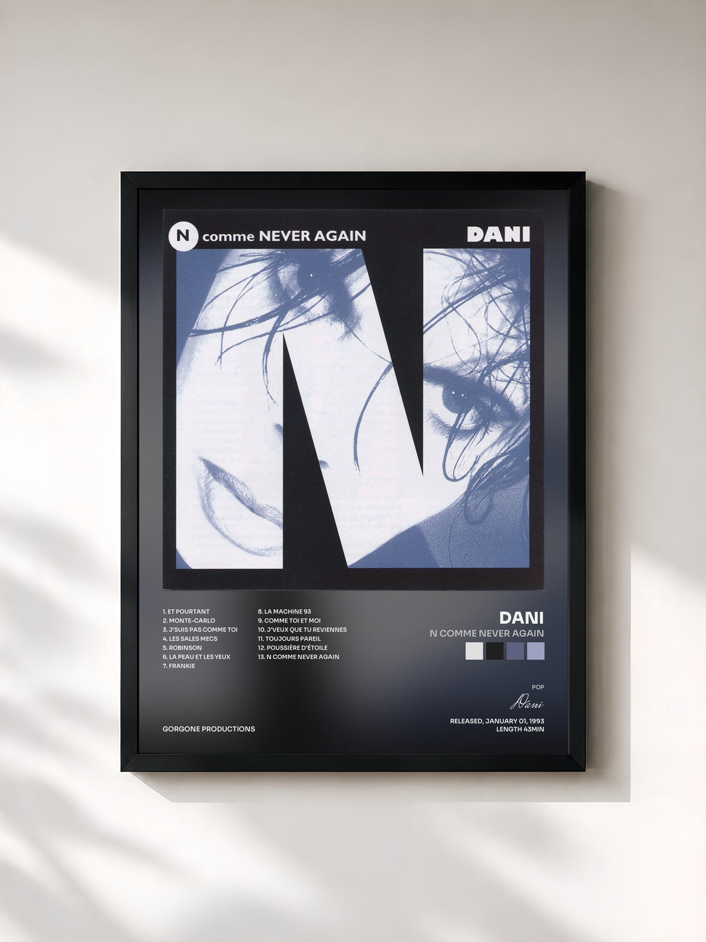 #noir Tableau de l'album N comme Never Again de Dani, cadre noir, imprimé et encadré en France