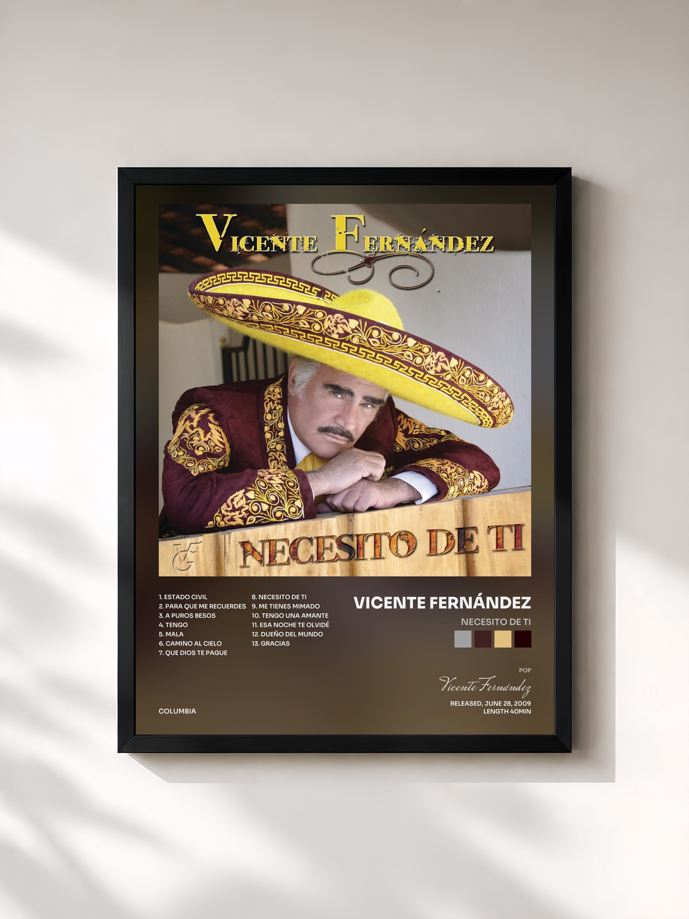 #noir Tableau de l'album Necesito De Ti de Vicente Fernández, cadre noir, imprimé et encadré en France
