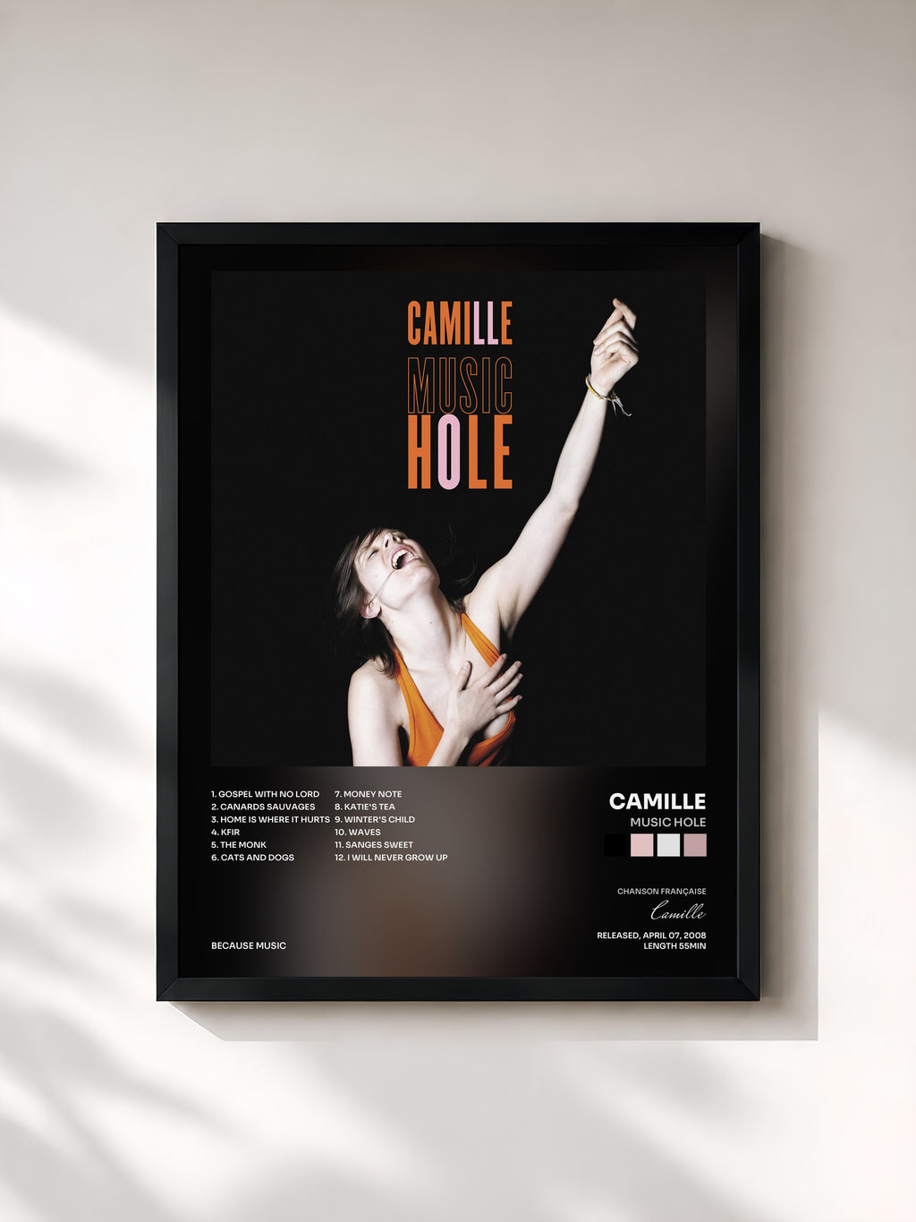 #noir Tableau de l'album Music Hole de Camille, cadre noir, imprimé et encadré en France