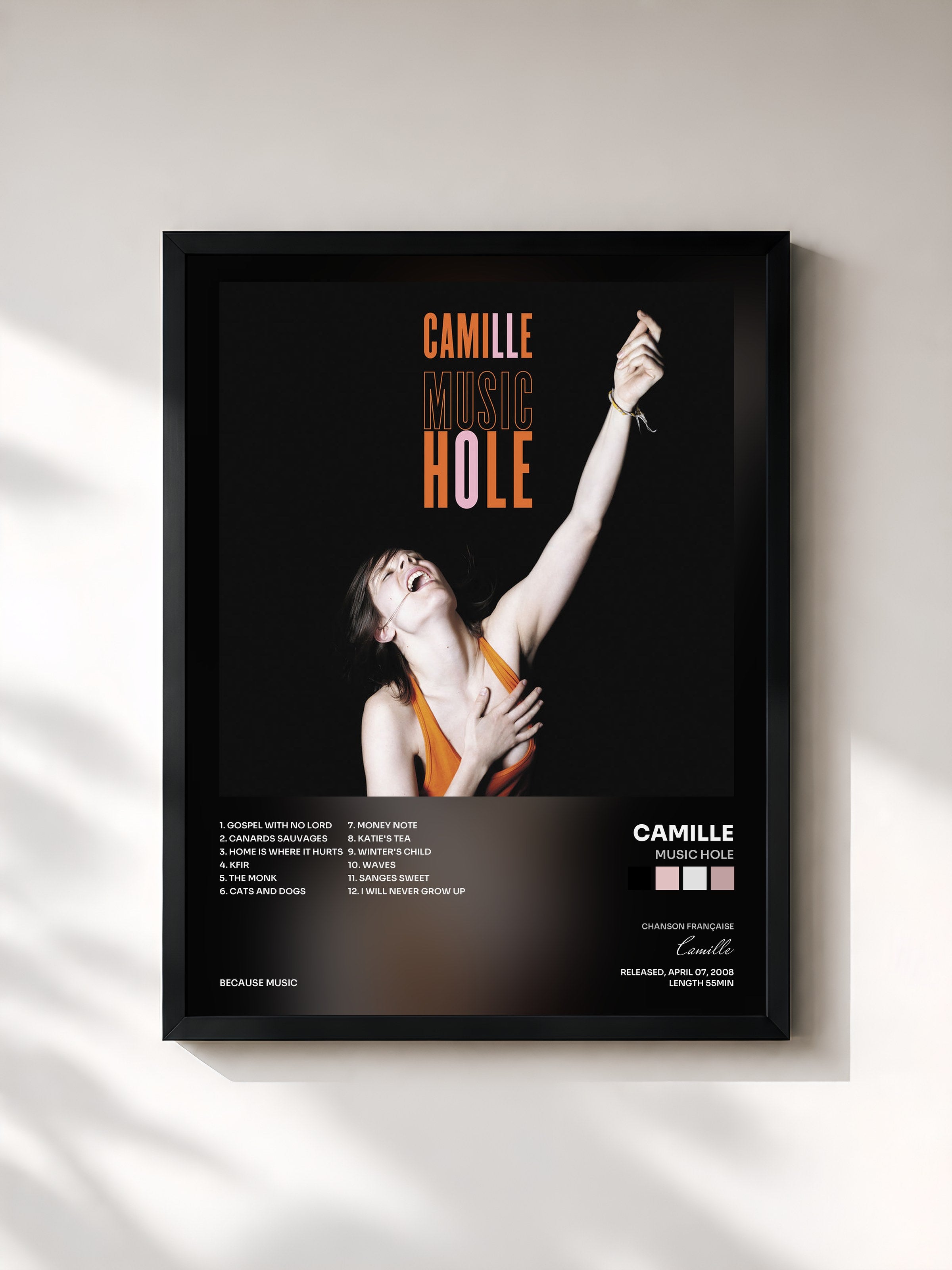 #noir Tableau de l'album Music Hole de Camille, cadre noir, imprimé et encadré en France