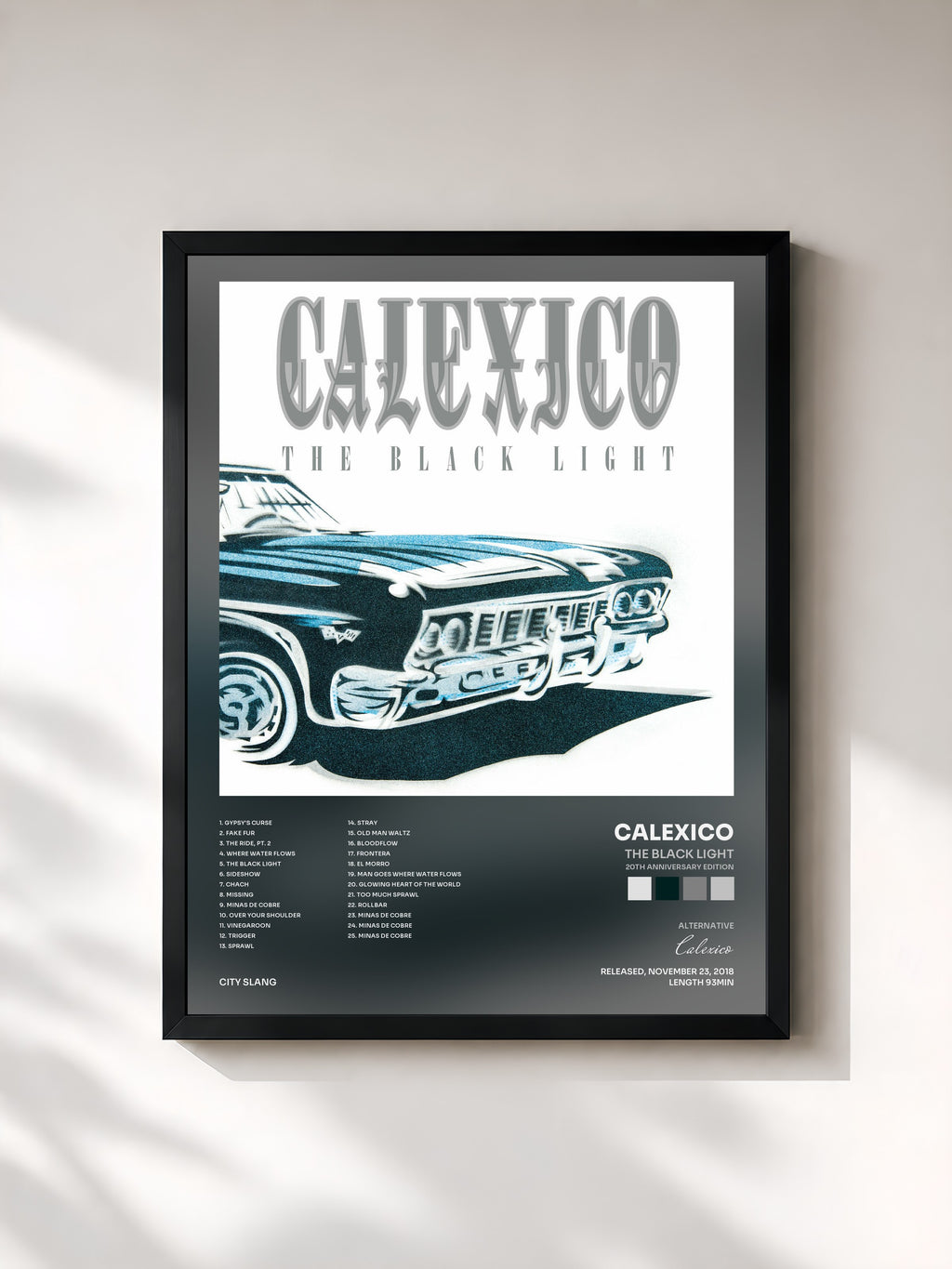 #noir Tableau de l'album The Black Light (20th Anniversary Edition) de Calexico, cadre noir, imprimé et encadré en France
