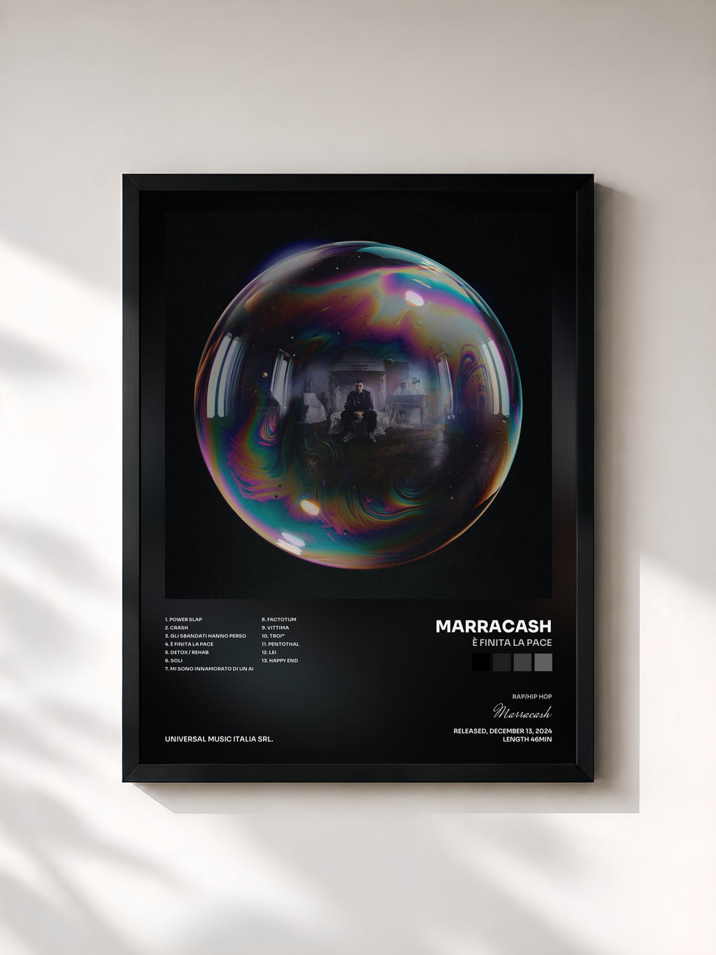 #noir Tableau de l'album È FINITA LA PACE de Marracash, cadre noir, imprimé et encadré en France