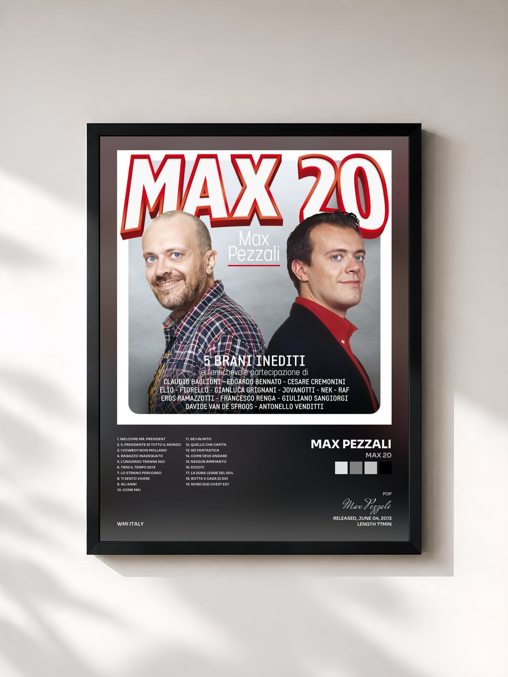 #noir Tableau de l'album MAX 20 de Max Pezzali, cadre noir, imprimé et encadré en France
