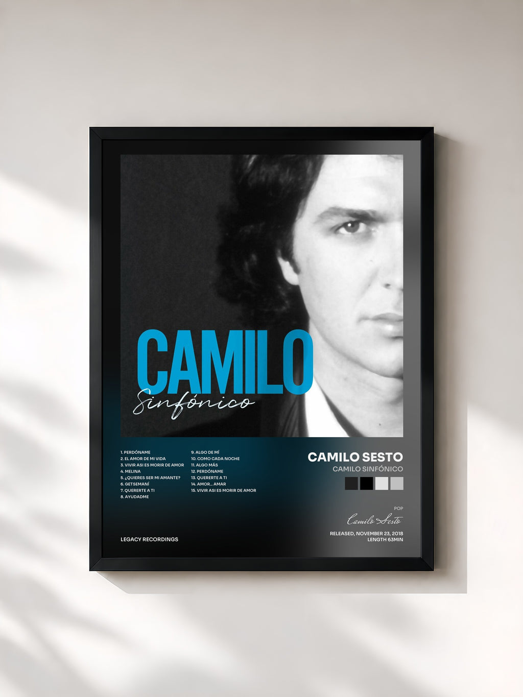 #noir Tableau de l'album Camilo Sinfónico de Camilo Sesto, cadre noir, imprimé et encadré en France