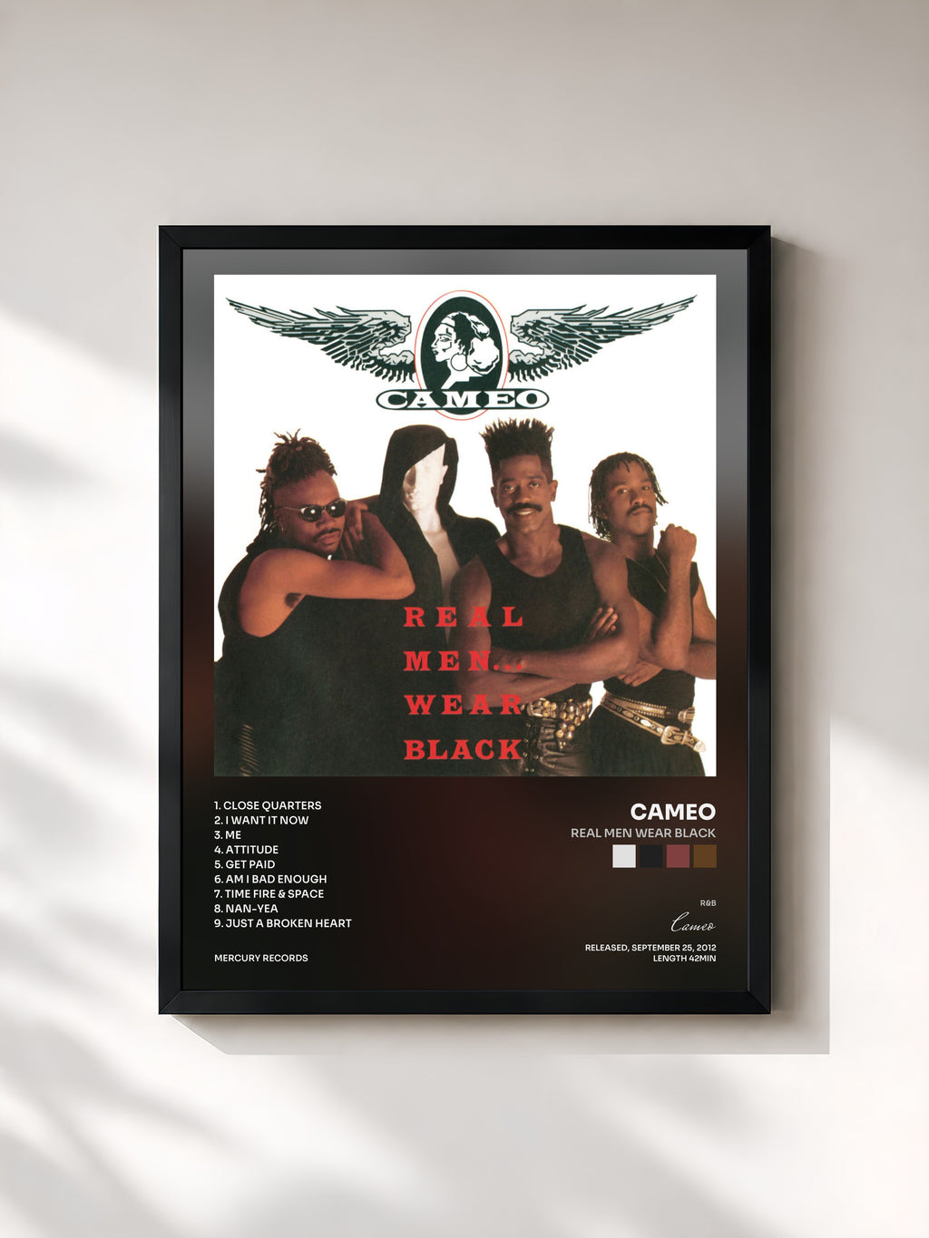 #noir Tableau de l'album Real Men Wear Black de Cameo, cadre noir, imprimé et encadré en France