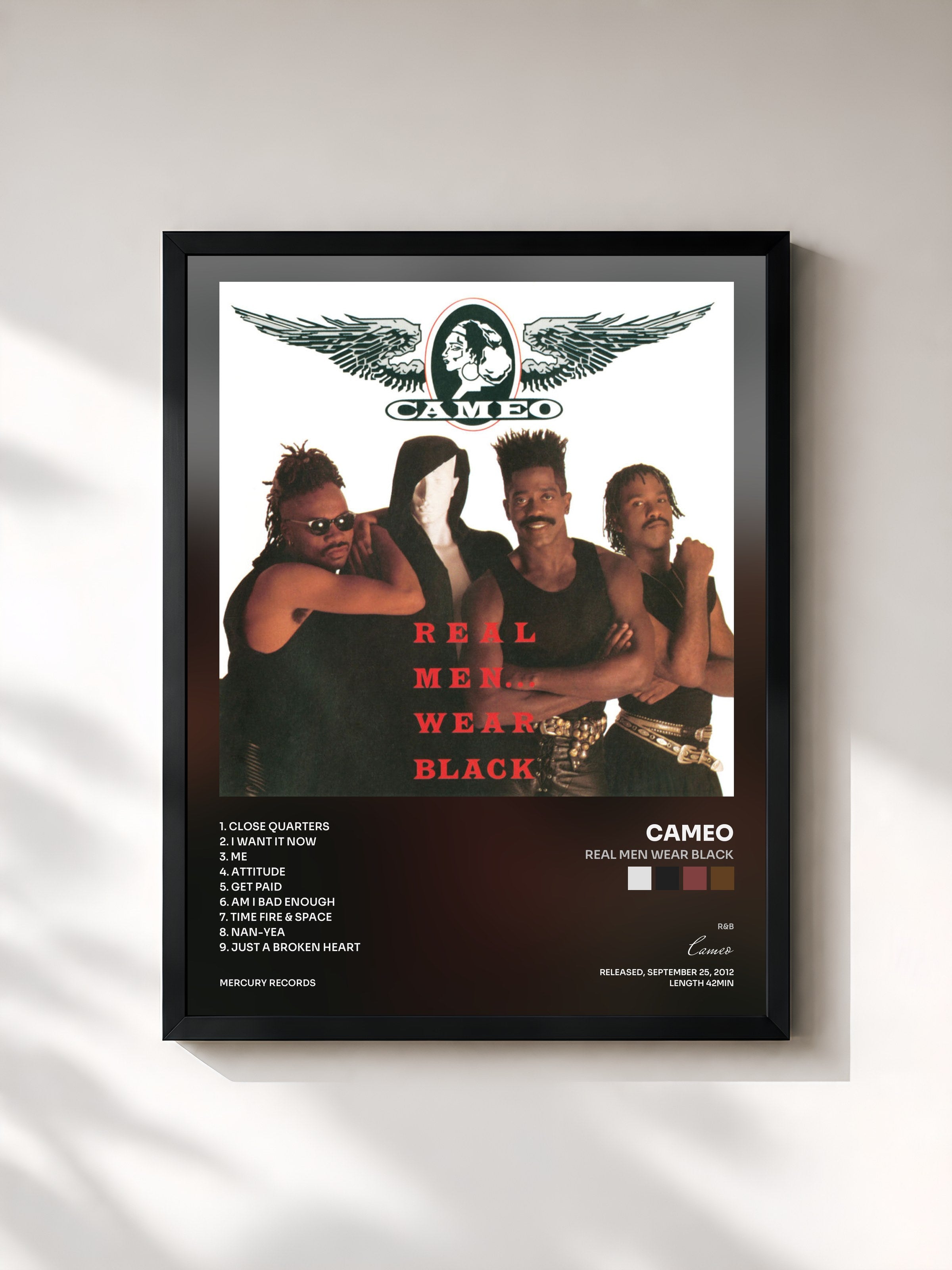 #noir Tableau de l'album Real Men Wear Black de Cameo, cadre noir, imprimé et encadré en France