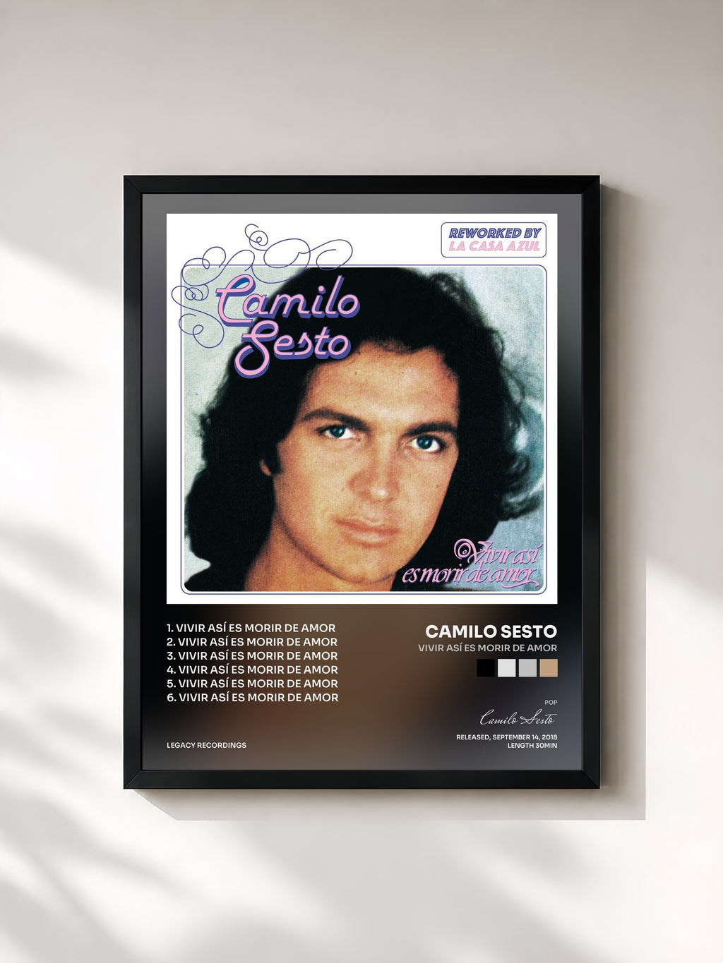 #noir Tableau de l'album Vivir Así Es Morir de Amor de Camilo Sesto, cadre noir, imprimé et encadré en France