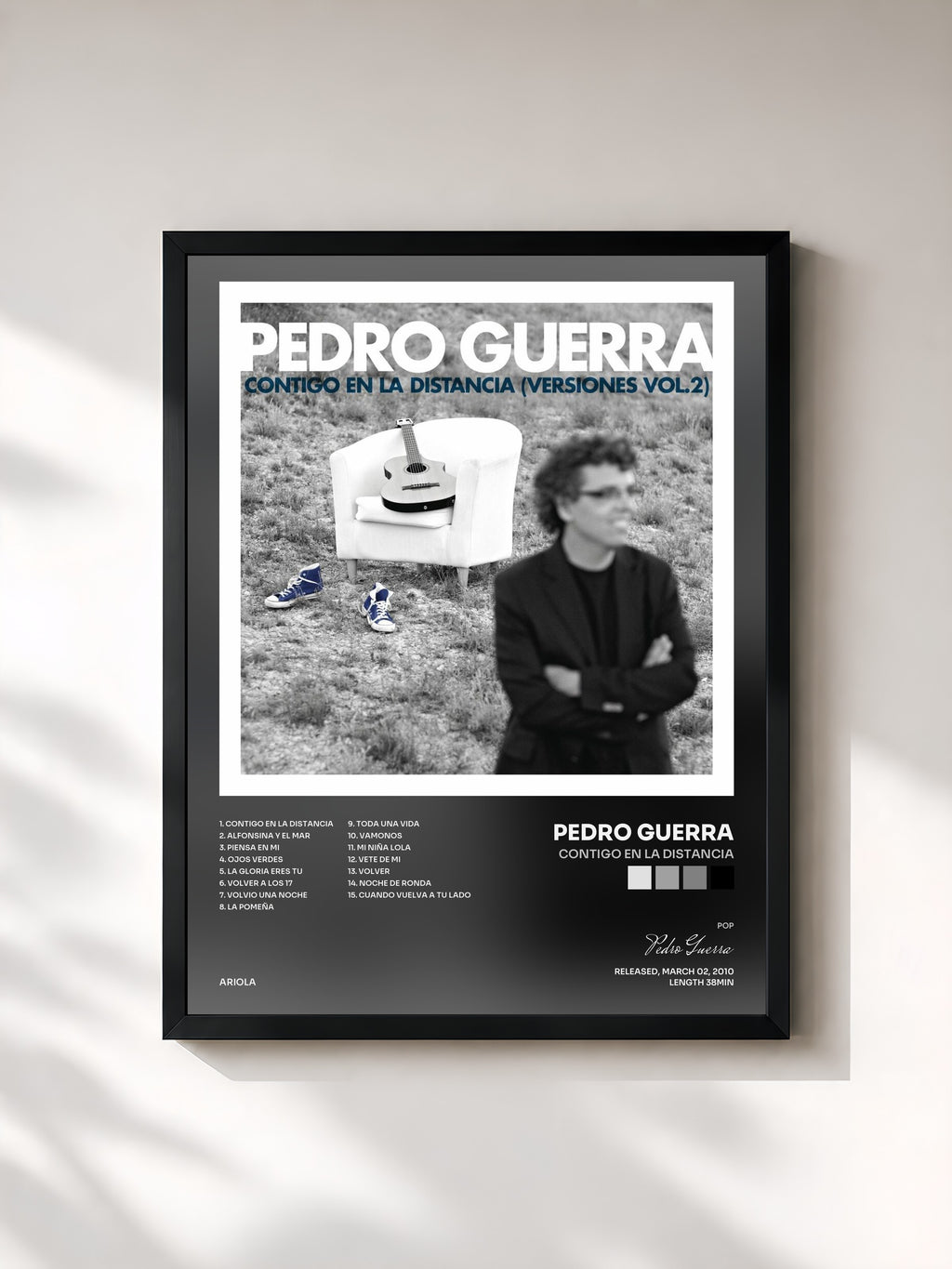 #noir Tableau de l'album Contigo En La Distancia de Pedro Guerra, cadre noir, imprimé et encadré en France
