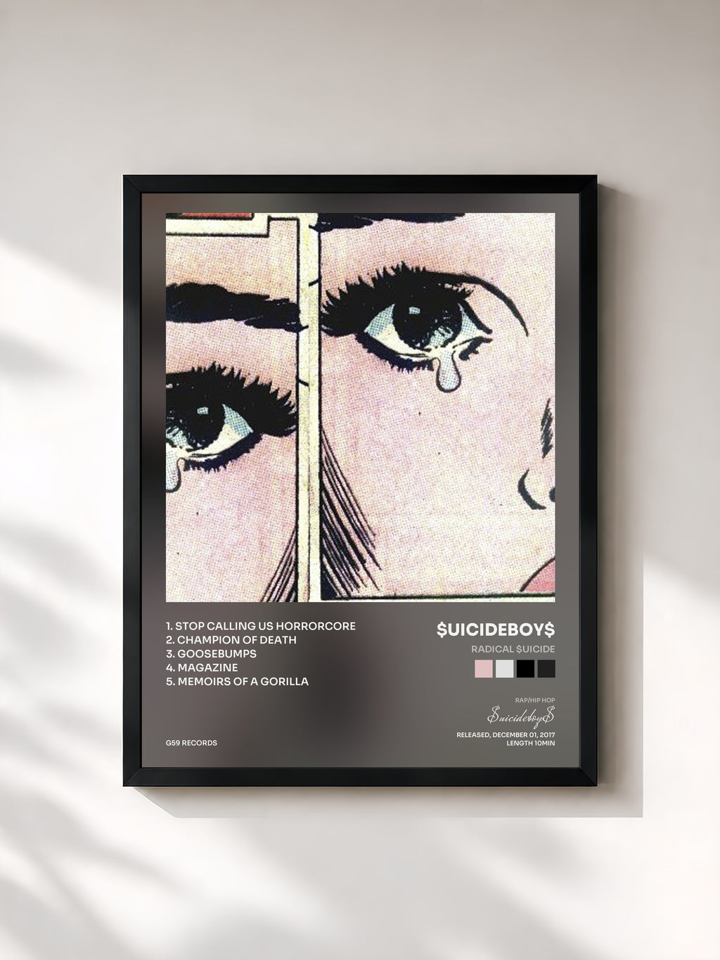 #noir Tableau de l'album Radical $uicide de $uicideboy$, cadre noir, imprimé et encadré en France