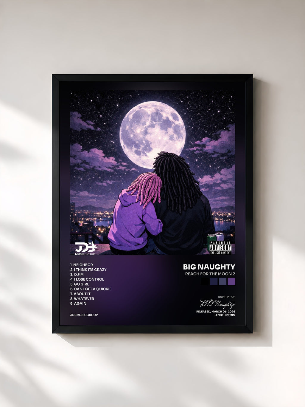 #noir Tableau de l'album Reach For The Moon 2 de BIG Naughty, cadre noir, imprimé et encadré en France
