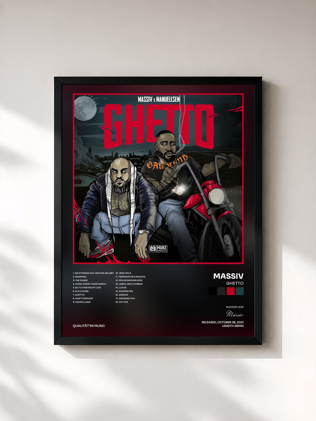 #noir Tableau de l'album GHETTO de Massiv, cadre noir, imprimé et encadré en France