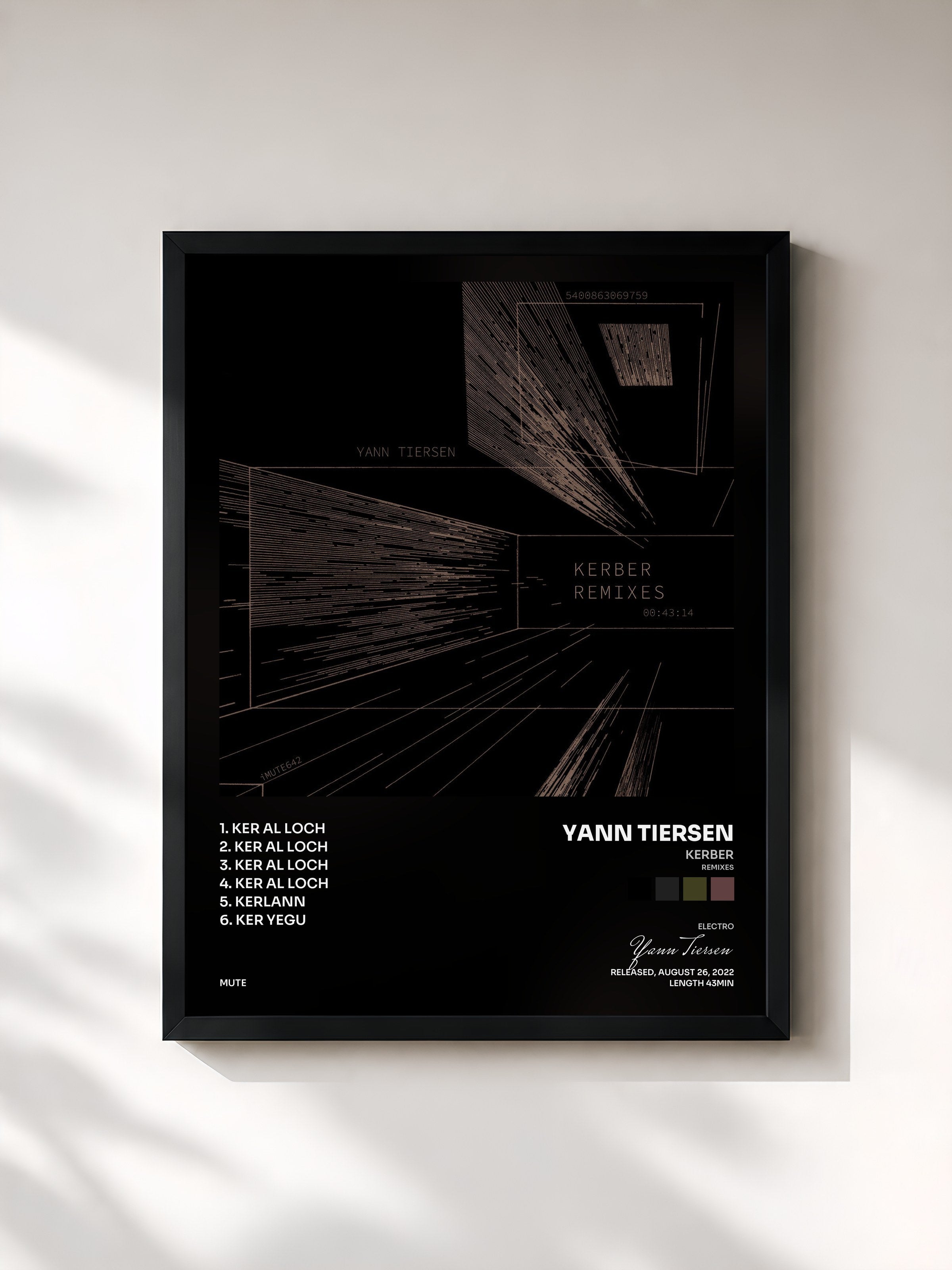 #noir Tableau de l'album Kerber (Remixes) de Yann Tiersen, cadre noir, imprimé et encadré en France